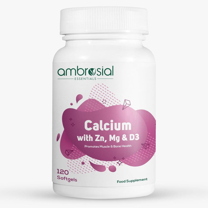 Ambrosial Calcium Magnesium Zinc & Vitamin D3 | High Potency calcium supplement for Healthy Bones, Muscles & Teeth | Highly Bioavailable Calcium citrate formula | Pack of 1-120 Softgels