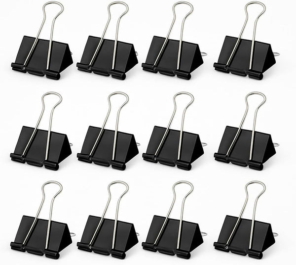 Fitto Binder Clips - Heavy Duty Metal Clamps for Organizing Papers, Files, Office Supplies, and Schoolwork - Durable, Reusable, Ideal for Home, Office, and Classroom Use (12Pcs 25mm, Black) - 12pcs 32mm