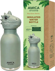 Kids Water Bottle 460ml Insulated Stainless Steel - AMICA STUDIO (Dark Green) - Rex the Dino