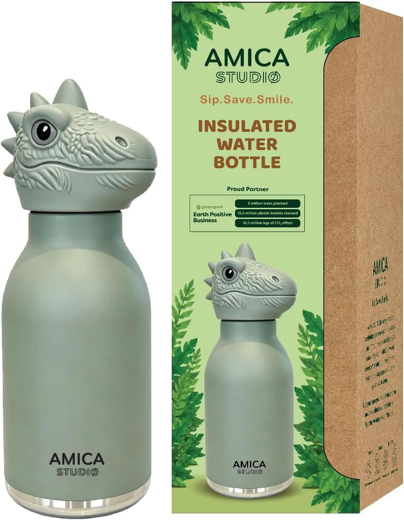 Kids Water Bottle 460ml Insulated Stainless Steel - AMICA STUDIO (Dark Green) - Rex the Dino