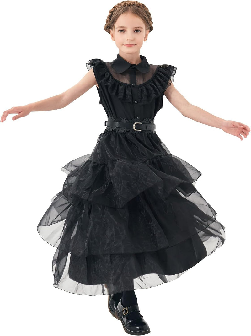 14 Pack Wednesday Black Costume, Wednesday Girls Dress, Kids/Teens Black Family Costumes, Girls Halloween Costumes Perfect for Halloween, Cosplay, and Parties