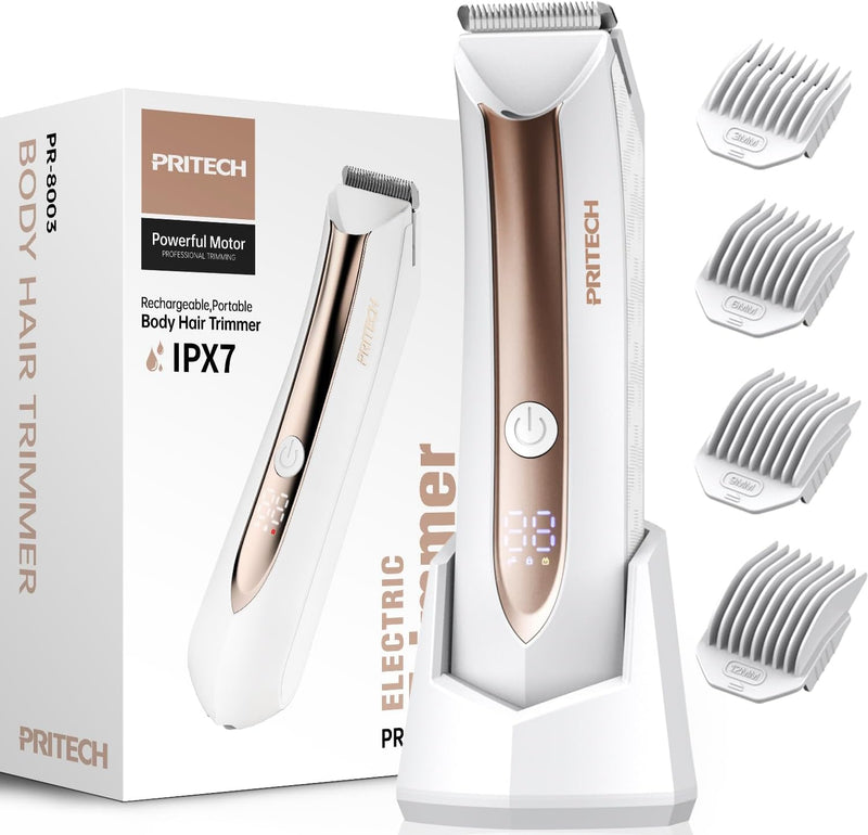 PRITECH Body Hair Trimmer for Men Pubic Hair Trimmer - Wet/Dry Ball Trimmer with Ceramic Blade, Rechargeable Body Groomer for Men with Standing Recharge Dock