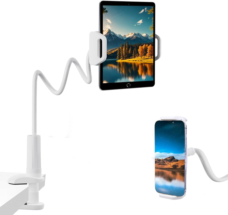 Flexible Gooseneck Tablet Holder for Bed 4.7-11" Devices, iPad Stand with 30-inch Arm Clamp, Compatible with iPad, Galaxy Tabs, Switch, Kindle (White)