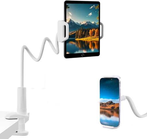 Flexible Gooseneck Tablet Holder for Bed 4.7-11" Devices, iPad Stand with 30-inch Arm Clamp, Compatible with iPad, Galaxy Tabs, Switch, Kindle (White)