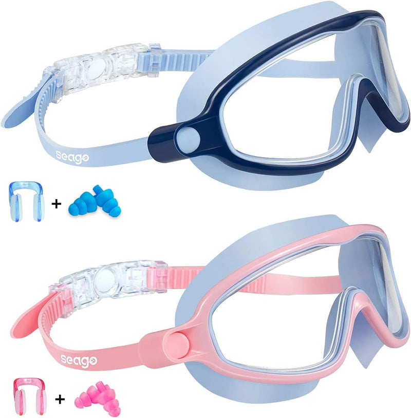 Seago Swim Goggles 2 Pack Anti-Fog Anti-UV Wide View Swimming Goggles for Kids 3-15