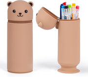 ECOSEAO 2 in 1 Soft Silicone School Pencil Case, Bear Silicone Case, Zipper Closure, for Children Students Adults, White, White - brown