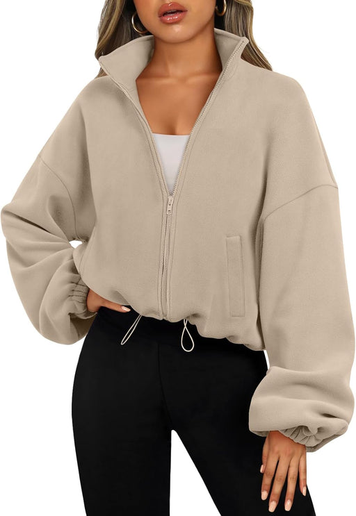 Womens Fleece Jackets Zip Up Oversized Sweatshirts Winter Clothes Long Sleeve Crop Sherpa Fall Outfits Fashion - Khaki
