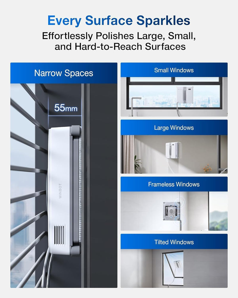 ECOVACS WINBOT MINI Window Cleaning Robot Compact Design Double Nozzles with Ultrasonic Atomisation, 9 Level Protection System, Intelligent Path Planning, 3 Cleaning Modes, Non-Slip System - Mini Grey