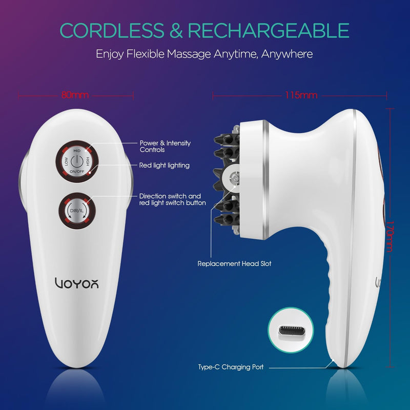VOYOR Handheld Massager Cordless Deep Tissue Cellulite Massager for Face, Arm, Hand, Neck, Foot and Body, Silicone Face Brush, 3 Multi-Functional Heads, IPX7 Waterproof & Rechargeable VRMM1-NEW
