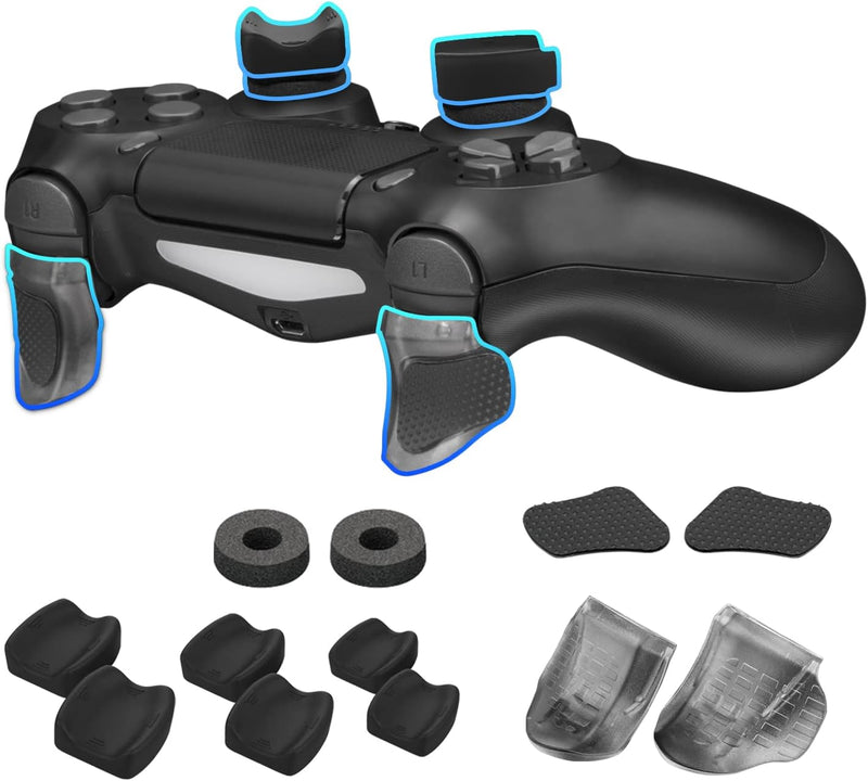 NiTHO FPS Gaming Kit Compatible with PS4 Controllers, Set of 2 Analog Mini-stick Enhancers, Set of 2 Ergonomic Extension Triggers, Set of 2 Anti-Slip Trigger Stickers, 3 Sizes of 2 Concave Thumb Grips