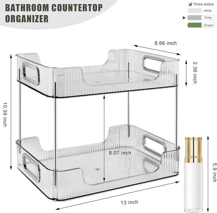U-HOOME Bathroom Organizer Countertop, Clear Makeup Desk Organzier for Dressing Table, Bathroom Vanity Countertop, 2-Tier Vanity Tray Shelf for Cosmetic, Lotions, Perfume and Toiletries (Clear)