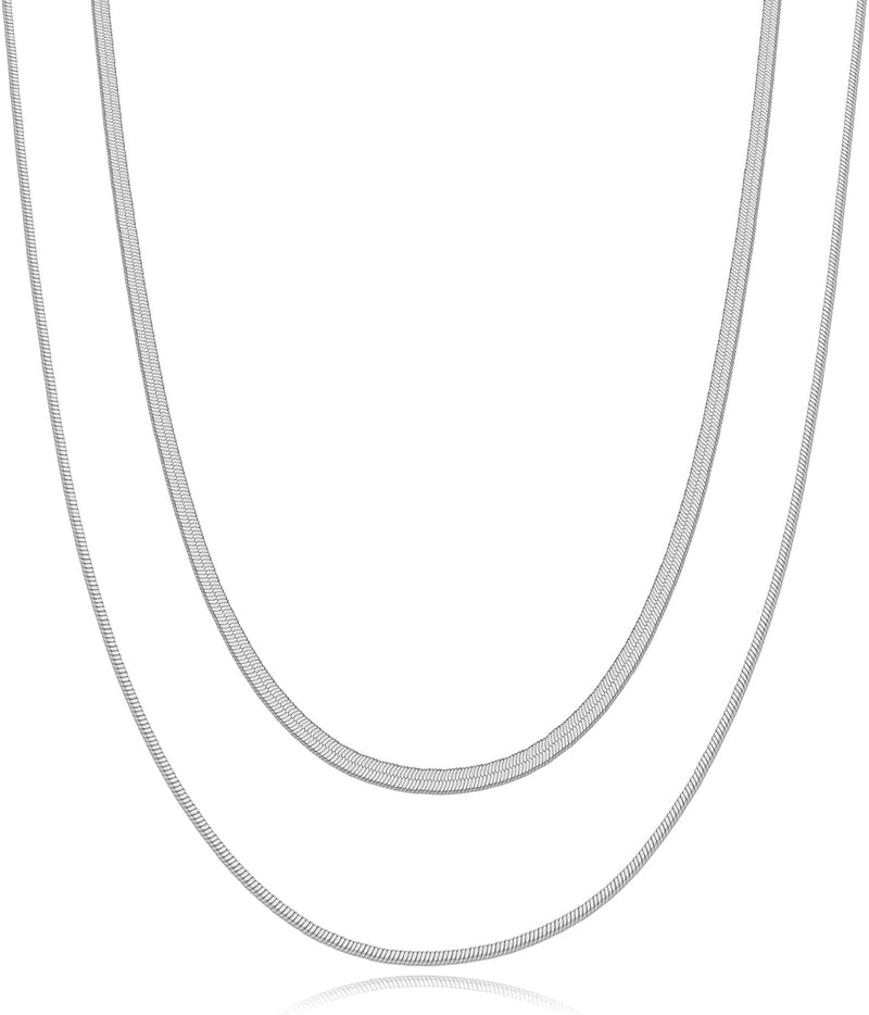 14K Gold Plated Dainty Choker Necklace for Women Girls Snake Chain, Cuban Link, Paperclip, Ball Beaded Chain, Natural Freshwater Pearl Necklace Fashion Jewelry for Gift - 1.5mm & 3mm-Silver