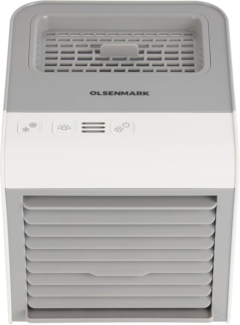Olsenmark Mini Air Cooler OMF1877 3-in-1 Air Cooler, Humidifier & Purifier USB Rechargeable, 7-Color LED Light, Adjustable Vent, Portable for Home & Office White
