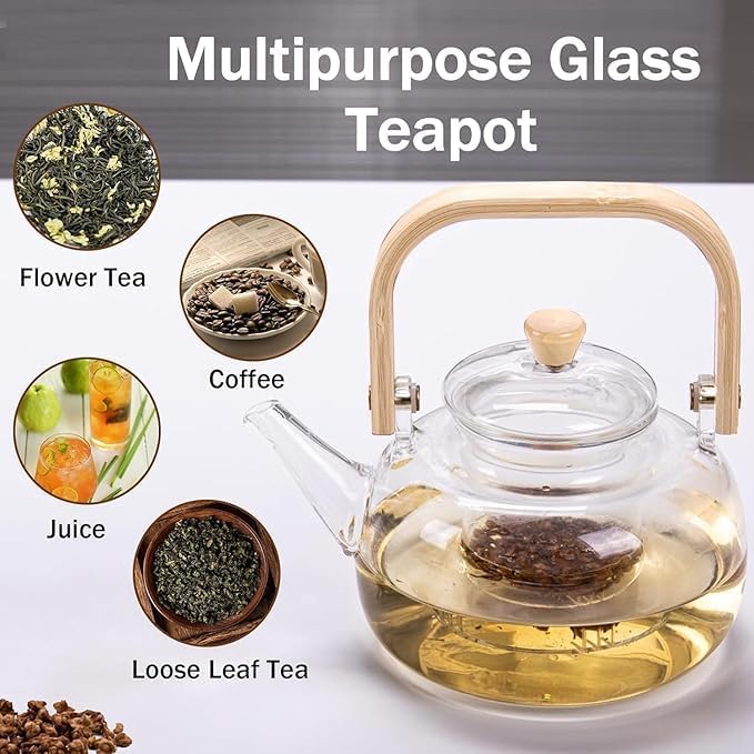 1L Borosilicate Glass Teapot Stovetop safe ï¼ŒLoose Leaf and Blooming Tea Maker, Christmas GiftGlass Tea Kettle with Wooden Handle,Large Size for Women and Adult (teapot +6 cup)