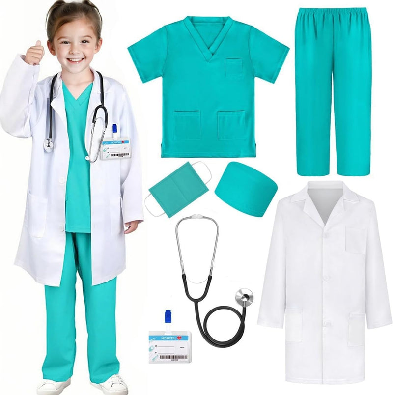 Doctor Costume Set for Kids 3-12Year Olds, Lab Coat for Kids 7pcs Scientist Cosplay Doctor Costume Set for Girls Boys - Green