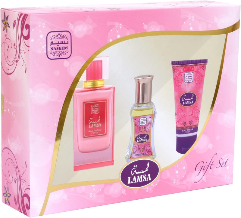 Naseem Lamsa Luxury Gift Set (3 Pcs) - Aqua Perfume, Roll-On Perfume Oil, and Hydrating Body Cream - Non-Alcoholic, Hypoallergenic, Long-Lasting Fragrance, Ideal for Sensitive Skin