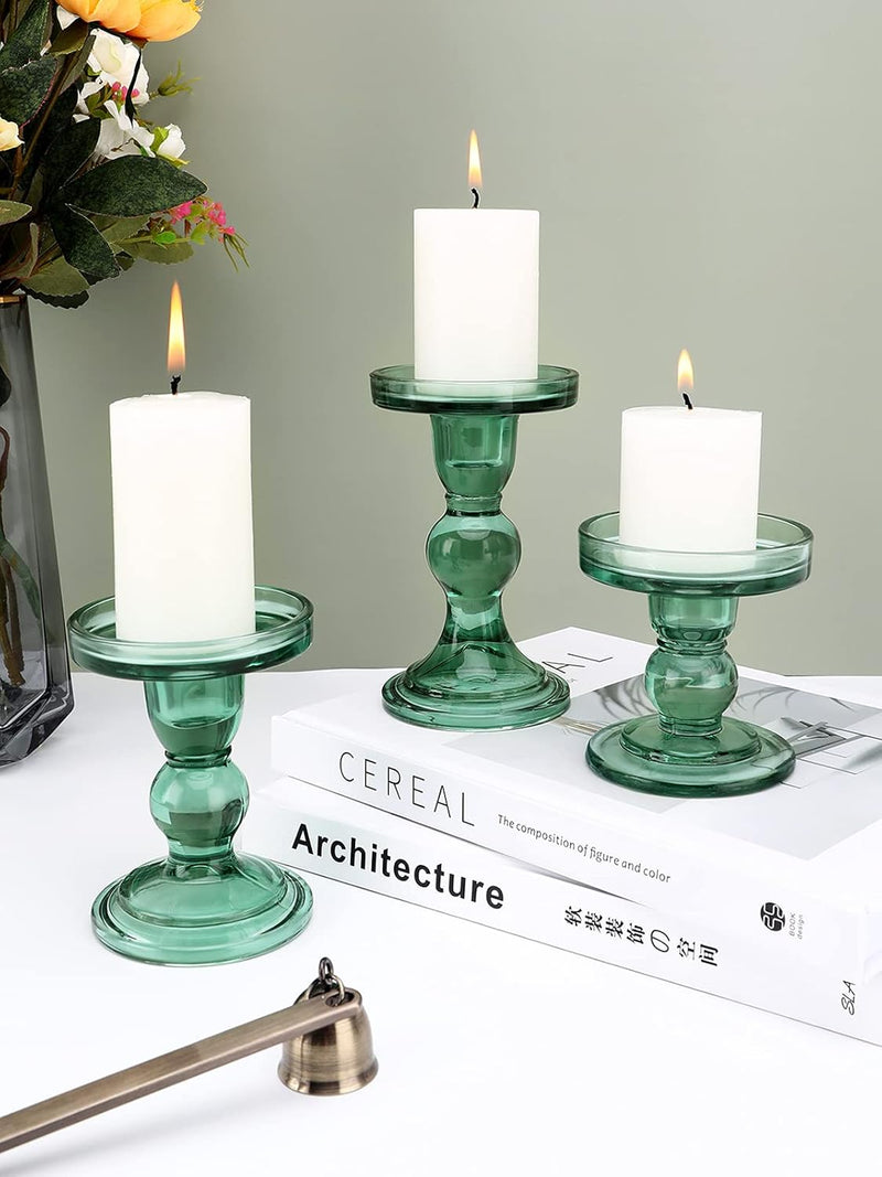 Lewondr Glass Candle Holders, 3 Pieces Crystal Clear Candlesticks with Elegant Design for Pillar Taper Candle and Tea Light, Home Table Living Room Wedding Party Decorations Home Décor - Clear