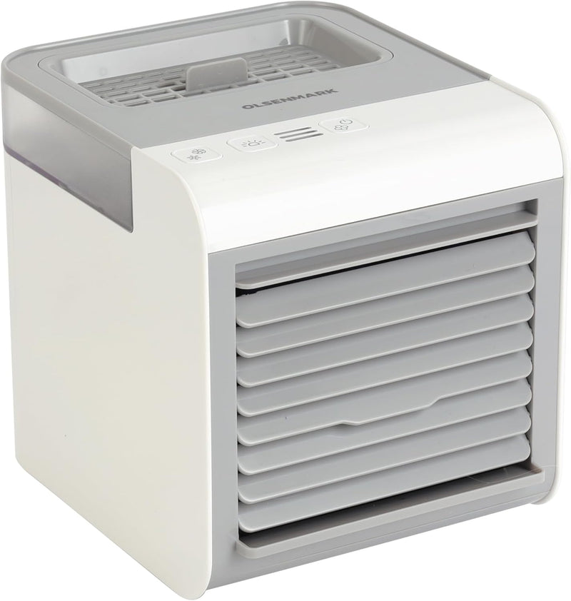 Olsenmark Mini Air Cooler OMF1877 3-in-1 Air Cooler, Humidifier & Purifier USB Rechargeable, 7-Color LED Light, Adjustable Vent, Portable for Home & Office White