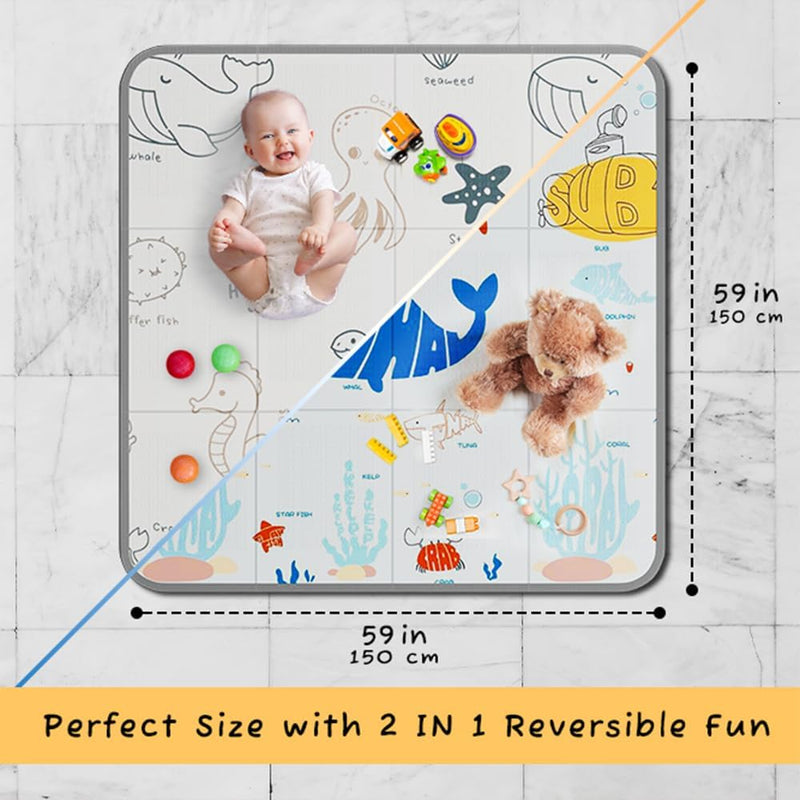 Foldable Baby Play Mat, Featuring Safe Non-Peeling, Antislip XPE Foam Material With Reversible Design Ultra-light, Waterproof Features. Play Matt Baby for Infants N Toddlers - 59" x 59".