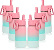 14oz Water Bottle with Straw Lid and Silicone Boot Bulk 2 Pack,Stainless Steel Insulated Cups for Boys & Girls Multipack,Double Wall Vacuum Leakproof Kids bottles(Red,1) - 6 Pink Green