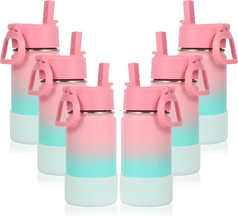 14oz Water Bottle with Straw Lid and Silicone Boot Bulk 2 Pack,Stainless Steel Insulated Cups for Boys & Girls Multipack,Double Wall Vacuum Leakproof Kids bottles(Red,1) - 6 Pink Green