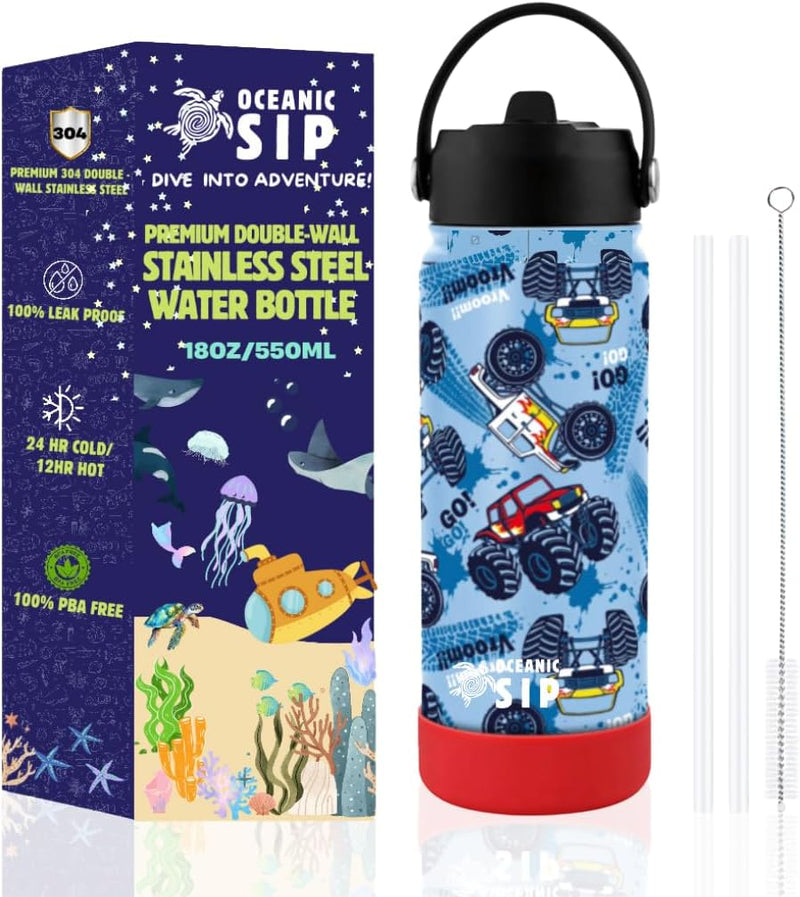 550ml Boys Stainless Steel Water Bottle Leak-Proof, Insulated Kids Water Flask for School, Sports, BPA-Free Water Stainless Steel Water Bottle - Monster Trucks 550ml