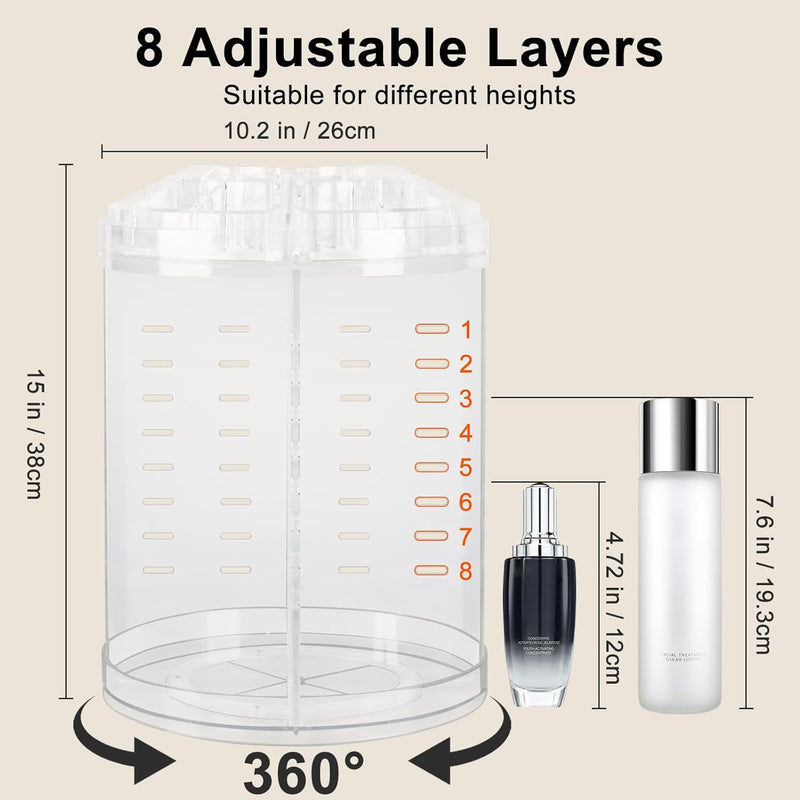 AMEITECH Makeup organizer, 360 degree rotating adjustable cosmetic storage display case with 8 layers large capacity, fits jewelry,makeup brushes, lipsticks and more, clear transparent - 38x26x26cm