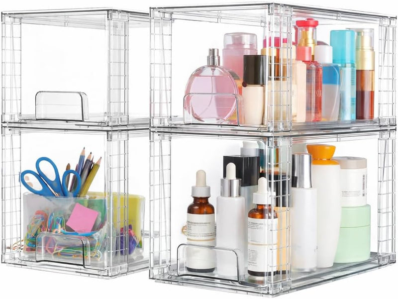 4 PACK Large Plastic Stackable Storage Drawers, Clear Acrylic Storage Drawers Container Boxes for Vanity, Undersink, Kitchen Cabinets, Pantry Organization and Storage, 38.5x31.3x17.3cm - 2 L Size+2 M Size Storage Drawers