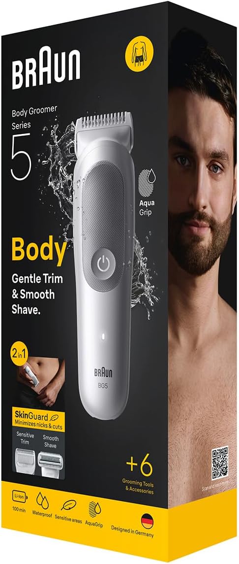 Braun Body Groomer Series 5, +7 Grooming Tools, with SkinGuard, 100 Min Runtime, Gentle On Sensitive Areas, Trim & Shave Hair with SmoothShave & SensitiveTrim, Waterproof, BG5550, Grey