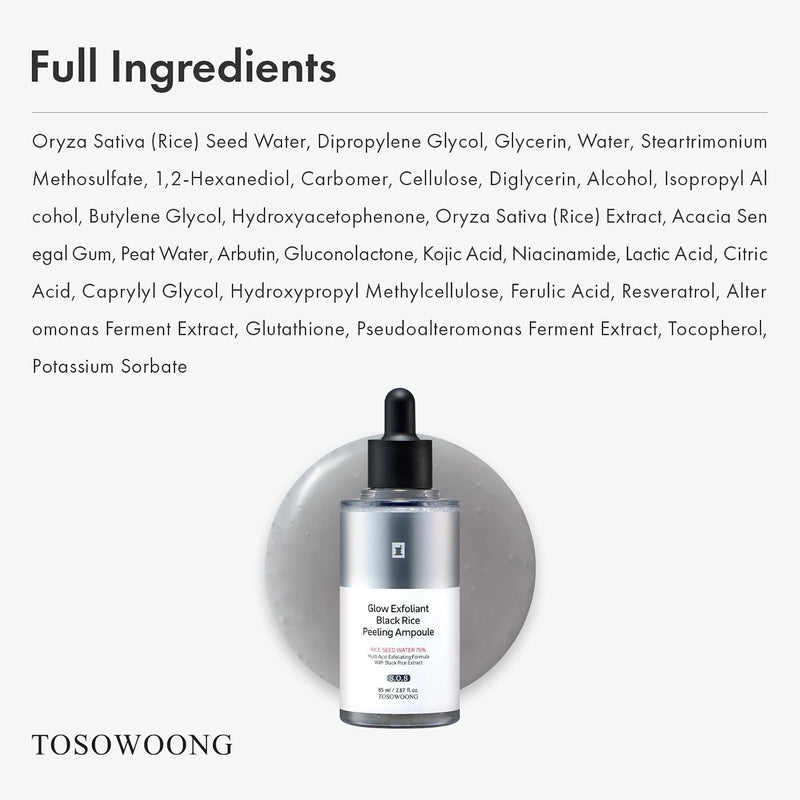 Black Rice Peeling Ampoule, 75% Black Rice Extract, Gentle Peeling Care for Face & Body, With Kojic Acid & Arbutin, Korean Skincare, 85ml / 2.87 fl. oz