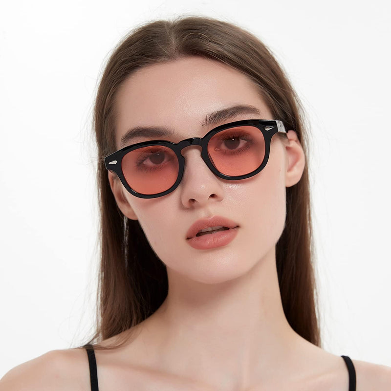 Unisex Vintage Retro Round Style Tinted Sunglasses For Men Women Fashion Circle Sun Glasses 46mm - C29 Black Frame/Pink Tinted Lens
