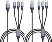 SKY-TOUCH 3 in 1 USB Phone Charger Cables 5A Fast Braided Nylon Unbreakable Charging Cable, Universal Multiple Ports Charging Cord with USB C/Micro USB/IOS Connector for Phones - 2 PCS