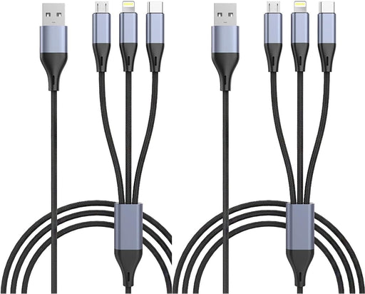 SKY-TOUCH 3 in 1 USB Phone Charger Cables 5A Fast Braided Nylon Unbreakable Charging Cable, Universal Multiple Ports Charging Cord with USB C/Micro USB/IOS Connector for Phones - 2 PCS