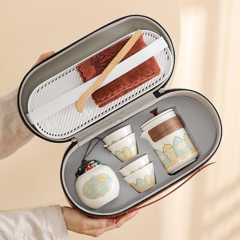 Chinese/Japanese Porcelain Tea Set, Black Kungfu Teapot Set with 1 Teapot, 4 Tea Cups, 1 Tea Tray,1 Tea Caddy, Suitable for Picnic and tTravel, for Adults, Tea Lover/Women/Men/Office/Home (White)