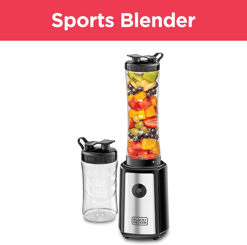 Black & Decker Sports Blender/Smoothie Maker, 300W, 6 Piece with 500ml & 300ml Sports Bottle, 21500 RPM with Turbo Speed, SS Blades to Pulverize Ice & Frozen Fruits, 2 years warranty, SBX300-B5