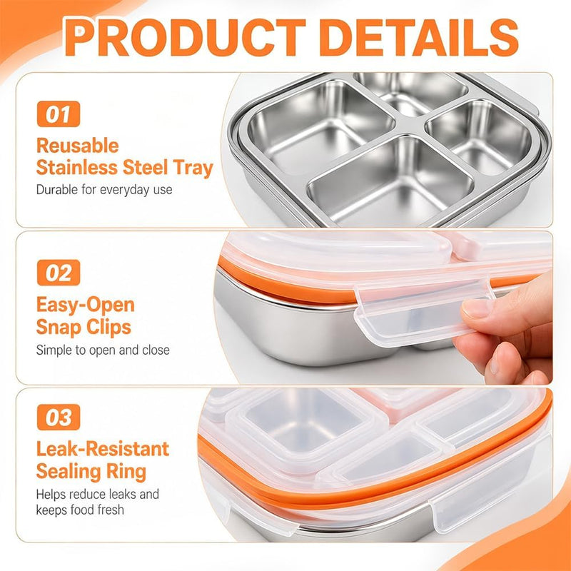 Snack Box with Compartments, 2 Pieces 600 ml Stainless Steel Lunch Box with 4 Compartments & Leak-proof Lid, Reusable Bento Box with 2 Spoons for Fruit, Vegetables, Meat, Sweets, Nuts