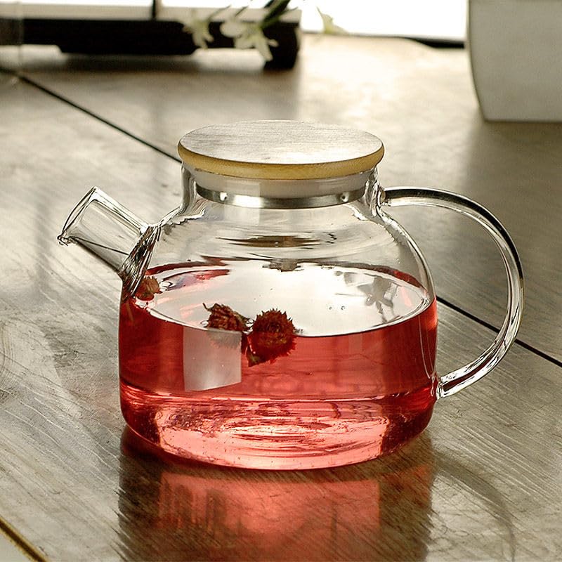 bamboo Glass Teapot Stoveto Borosilicate Clear Tea Kettle with Bamboo Lid, Glass Tea pot with Removable Filter Spout, Teapot Blooming and Loose Leaf Tea Maker Tea Brewer for Camping 1L