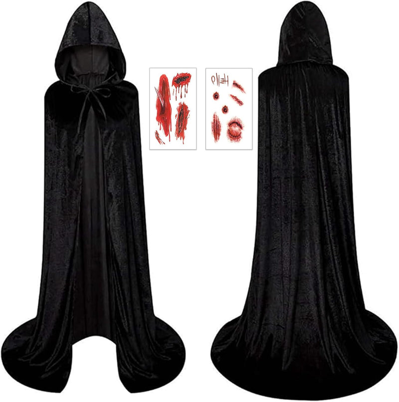 Halloween Costumes for Men Women Kids, Halloween Hooded Cloak Cape With Tattoo Sticker, Halloween Adult Grim Reaper Costume Witch Capes - black
