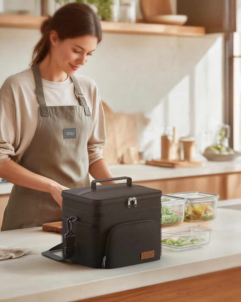 Insulated Lunch Box for Men & Women - Leak-Proof Cooler Lunch Bag with 4 Pockets, Adjustable Strap, Ideal for Work, Picnic, Travel - Medium, Black, 10.2"6.9"8.5"