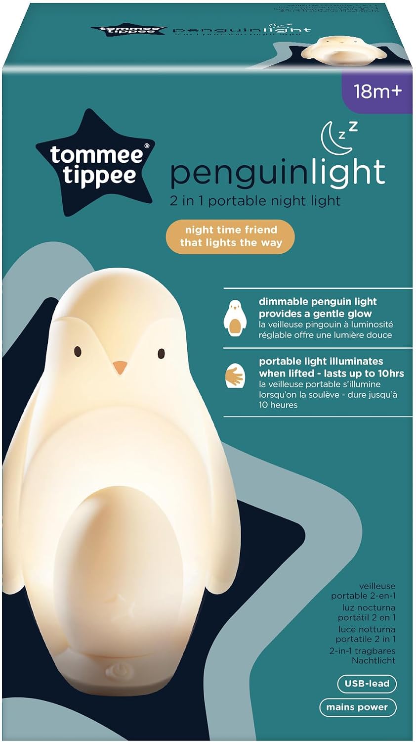 Tommee Tippee Penguin 2-in-1 Portable Nursery Night Light for Baby & Toddler Soft Silicone Night Lamp with Dimmable Glow, USB Rechargeable, Removable Light for Sleeping, Bedtime, Travel