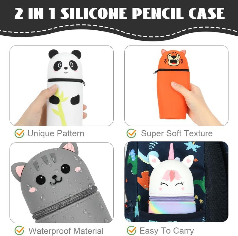 BIGTHREE Silicone Telescopic Pencil Case, 2-in-1 Soft Silicone Pencil Case, Cute Pattern Pencil Case, Stand Pen Holder Pouch, with Zipper, Retractable Kawaii Big Capacity for Teenage (Panda)