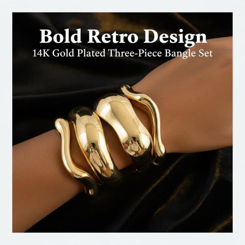 Chunky 18K Gold Plated Bracelets Set for Women High Shine Minimalist Wide Open Cuff & Trendy Stackable Gold Bangles Statement Fashion Jewelry, Layered Wrist Accessories Gift