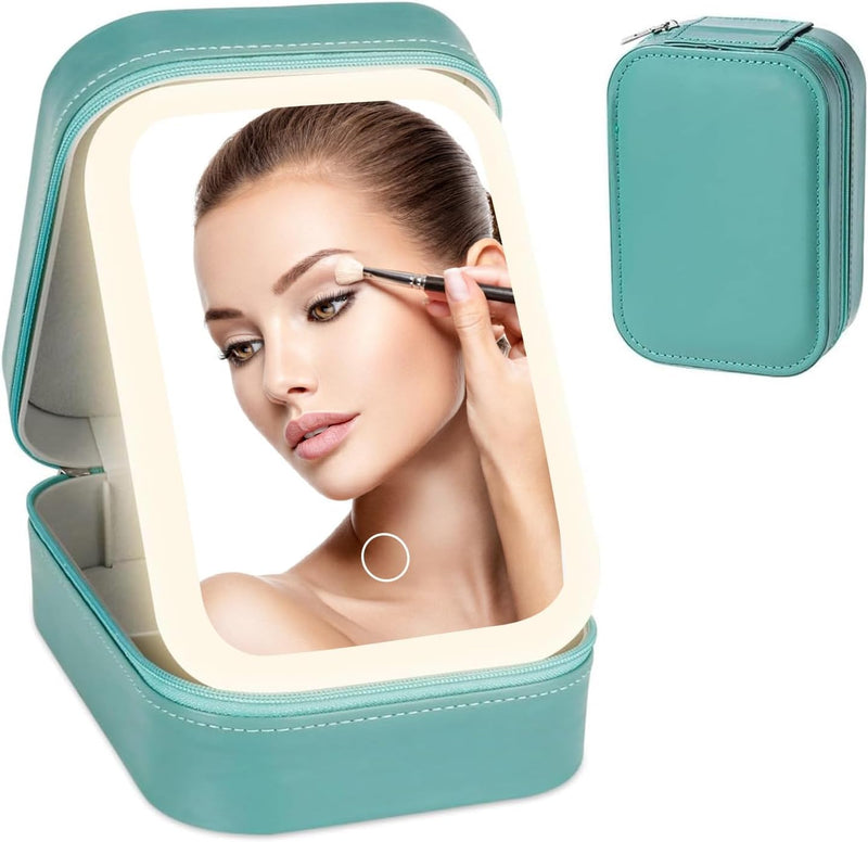 Tufexigo Travel Makeup Case with LED Mirror, Makeup Bag with Lighted Mirror, Cosmetic Train Storage Box, Portable Organizer Vanity Case for Women Beauty Tools Accessories Rechargeable (Green)