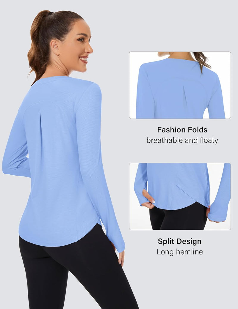 Rapbin Women's UPF 50+ Sun Protection T-Shirts Long Sleeve Boat Neck Workout Lightweight Quick Dry Top with Thumb Hole