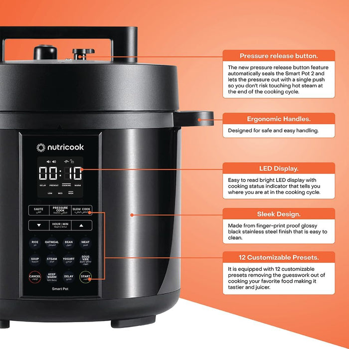 Nutricook Smart Pot Eko, 1000 Watts - 9 In 1 Instant Programmable Electric Pressure Cooker, 6 Liters, 14 Smart Programs, Brushed Stainless Steel/Black, 2 Years Warranty, Silver/Black