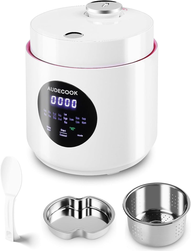 Audecook Low Sugar Rice Cooker ,AC1508,Compact Design Pressure Rice Cooker, Easily Steams Steel and Rolled Oats, With Low Carb Rice Cooker Steamer Set (White)