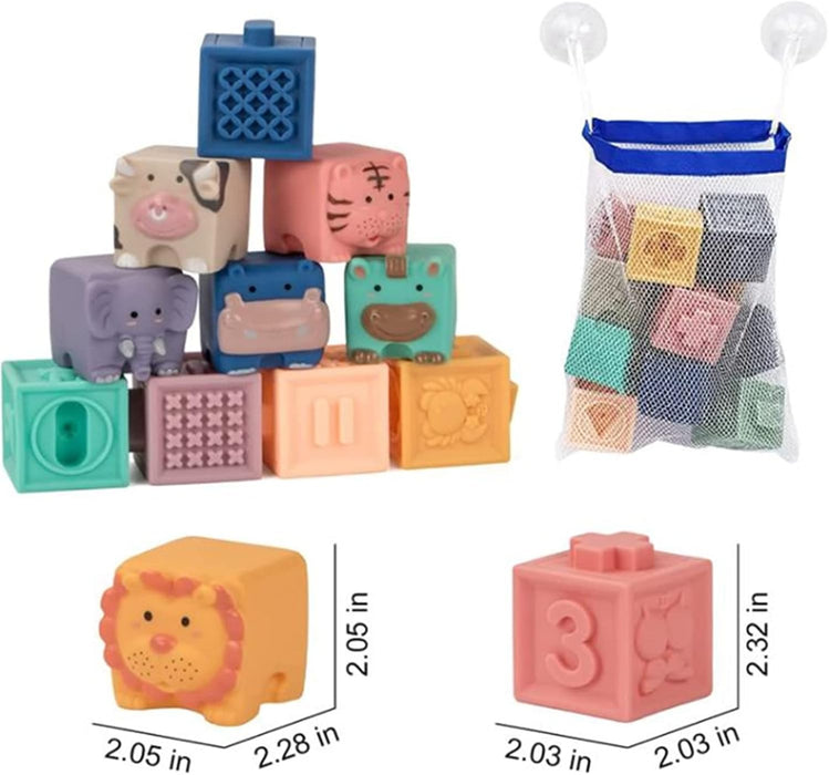 AM ANNA Baby Blocks Toys Soft Stacking Blocks Montessori Learning Babies Infant Teething Chewing Toy, Squeeze Sensory Toys, Bath Toy for Toddler Baby Girl Boy with Suction Cup Storage Bag