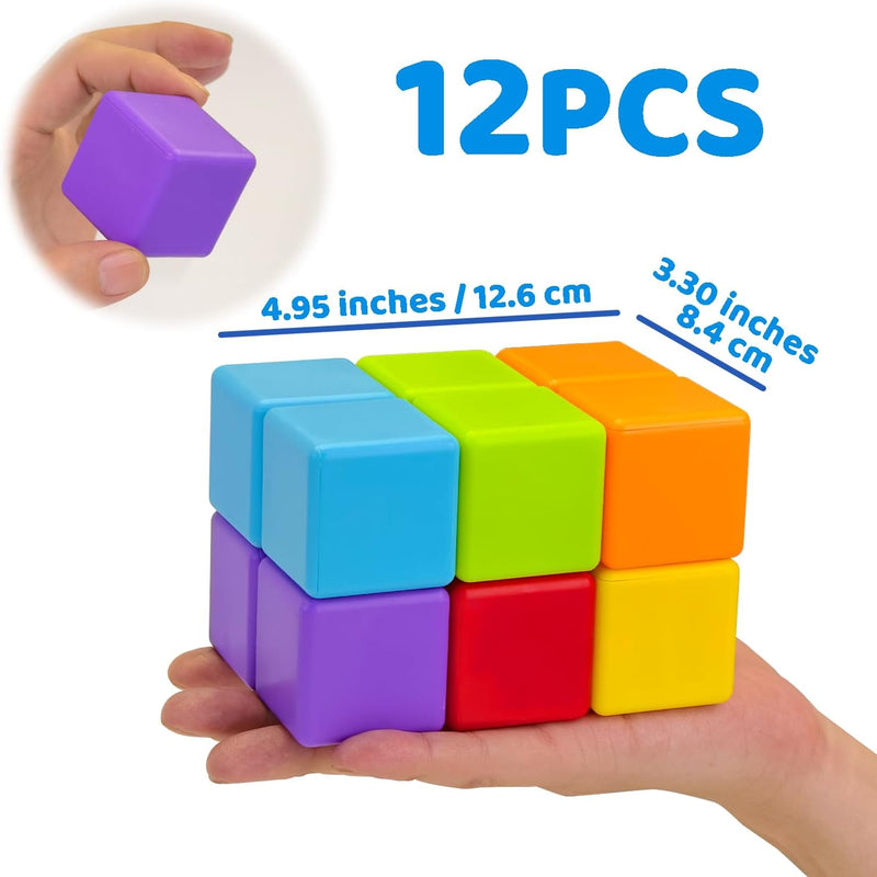 Pairez Toys Magnetic Building Blocks, 1.65 inch Large Magnetic Stacking Cubes for Toddlers, Sensory & Montessori Toys for Boys & Girls 1 2 3 Years Old (12 PCS)