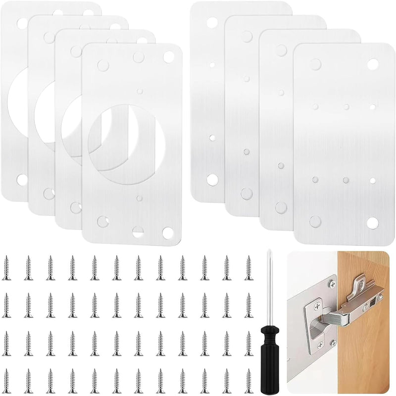Thick Hinge Repair Plate Kit, 8pcs Cabinet Hinge Repair Plate Stainless Steel Door Hinge Repair Kit Hinge Fixing Plate Bracket kit with Mounting Screw, Protect Wooden Kitchen Cabinet Door, Furniture