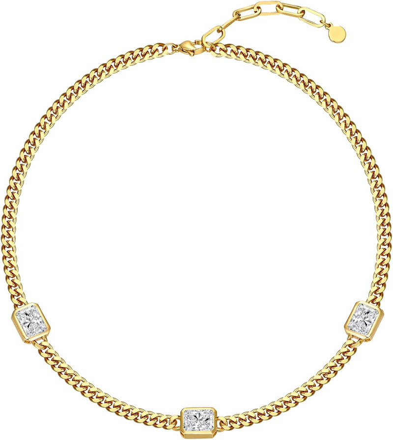 14K Gold Plated Dainty Choker Necklace for Women Girls Snake Chain, Cuban Link, Paperclip, Ball Beaded Chain, Natural Freshwater Pearl Necklace Fashion Jewelry for Gift - Gold / White CZ